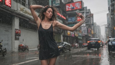 1girl,solo,long hair,breasts,brown hair,black hair,dress,holding,bare shoulders,brown eyes,jewelry,standing,cowboy shot,outdoors,parted lips,sleeveless,armpits,blurry,black dress,arm up,bracelet,lips,wet,sleeveless dress,short dress,ground vehicle,building,wet clothes,motor vehicle,rain,hand in own hair,city,sign,realistic,car,road,wet hair,motorcycle,street,short hair,smoke,watch,cigarette,wristwatch