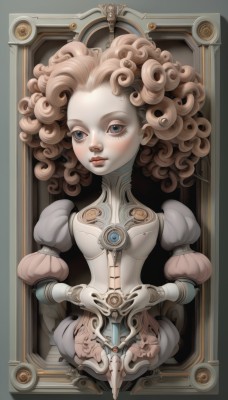 1girl,solo,looking at viewer,blue eyes,brown hair,gloves,upper body,puffy sleeves,lips,eyelashes,makeup,robot,pale skin,curly hair,android,joints,cyborg,doll joints,robot joints,framed,steampunk,dress,weapon,sword