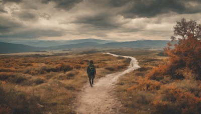 1girl,solo,short hair,black hair,long sleeves,standing,jacket,outdoors,sky,day,pants,cloud,bag,from behind,tree,backpack,cloudy sky,grass,nature,scenery,walking,mountain,facing away,road,wide shot,landscape,mountainous horizon,fog,path,1boy,male focus,signature,water,ocean,beach,sand,horizon,shore