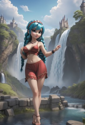 1girl,solo,long hair,breasts,looking at viewer,blush,smile,bangs,blue eyes,skirt,navel,cleavage,bare shoulders,twintails,jewelry,medium breasts,very long hair,blue hair,standing,collarbone,full body,braid,hairband,outdoors,parted lips,sky,shorts,day,midriff,artist name,cloud,signature,water,necklace,stomach,nail polish,twin braids,bracelet,feet,tree,blue sky,lips,crop top,bare legs,aqua hair,makeup,toes,red skirt,watermark,brown footwear,thigh gap,sandals,crossed legs,cloudy sky,grass,lipstick,building,web address,pendant,toenails,legs together,rock,pink lips,fantasy,anklet,toenail polish,red lips,red shorts,river,castle,waterfall,deviantart username,fountain,swimsuit,bikini,red bikini