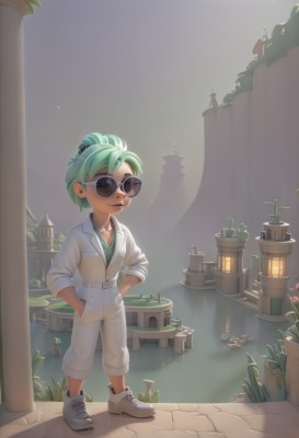 1girl,solo,smile,short hair,shirt,1boy,standing,collarbone,jacket,full body,flower,outdoors,green hair,shoes,belt,pants,water,sunglasses,white footwear,plant,sneakers,sleeves rolled up,lantern,white pants,hands in pockets,green shirt,jumpsuit,lily pad,pond,looking at viewer,green eyes,parted lips,hair bun,shadow,single hair bun,aged down,hands on hips,labcoat