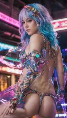 1girl,solo,long hair,breasts,looking at viewer,bangs,hair ornament,bare shoulders,brown eyes,jewelry,medium breasts,underwear,blue hair,standing,panties,swimsuit,pink hair,ass,bikini,multicolored hair,cowboy shot,looking back,from behind,blurry,bracelet,two-tone hair,lips,gradient hair,blurry background,back,ring,armlet,freckles,thong,realistic,neon lights,purple hair,hairband,outdoors,night,watermark,ground vehicle,web address,motor vehicle,car,thong bikini,cyberpunk