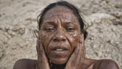 1girl,solo,looking at viewer,short hair,black hair,1boy,male focus,parted lips,teeth,dark skin,blurry,black eyes,lips,wet,blurry background,portrait,realistic,hands on own face,wet hair,hands on own cheeks,smile,nude