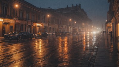 outdoors,sky,cloud,water,no humans,night,ground vehicle,building,night sky,scenery,motor vehicle,reflection,rain,city,car,light,road,bridge,vehicle focus,lamppost,street,puddle,lights,wet,window,wooden floor,sign,dark,pavement,vanishing point