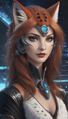 1girl,solo,long hair,breasts,looking at viewer,brown hair,animal ears,cleavage,jewelry,medium breasts,green eyes,upper body,parted lips,artist name,cat ears,orange hair,lips,animal ear fluff,grey eyes,fox ears,eyelashes,makeup,lipstick,gem,portrait,eyeshadow,freckles,red lips,blue eyes,earrings,signature,necklace,headgear,realistic,nose