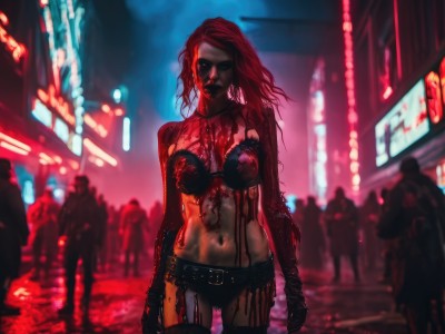 1girl,solo,long hair,breasts,looking at viewer,thighhighs,gloves,navel,medium breasts,underwear,standing,red hair,cowboy shot,outdoors,shorts,solo focus,black gloves,midriff,belt,bra,blurry,lips,short shorts,blood,night,blurry background,glowing,garter straps,black bra,blood on face,city,realistic,blood on clothes,zombie,crowd,cyberpunk,neon lights,jewelry,earrings,necklace,makeup,lingerie,lipstick,buckle,garter belt,hoop earrings,belt buckle