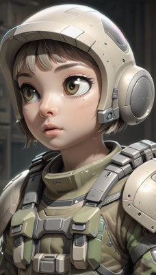 1girl,solo,short hair,bangs,brown hair,brown eyes,closed mouth,upper body,armor,mole,blurry,uniform,lips,looking to the side,military,eyelashes,mole under eye,military uniform,blurry background,helmet,freckles,nose,portrait,close-up,headset,realistic,camouflage