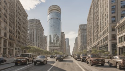 outdoors,multiple boys,sky,day,cloud,tree,blue sky,no humans,ground vehicle,building,scenery,motor vehicle,6+boys,city,car,road,cityscape,vehicle focus,lamppost,street,skyscraper,traffic light,truck,crosswalk,real world location,realistic,tower