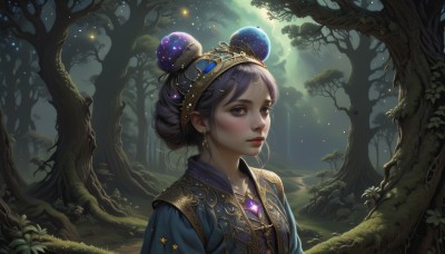 1girl,solo,looking at viewer,short hair,bangs,blue eyes,black hair,hair ornament,jewelry,closed mouth,upper body,purple hair,flower,earrings,outdoors,parted lips,artist name,necklace,hair bun,tree,lips,eyelashes,double bun,makeup,night,glowing,facial mark,looking away,single hair bun,plant,lipstick,gem,nature,light particles,eyeshadow,forest,freckles,gold trim,realistic,nose,red lips,mascara,fireflies,blush,star (symbol),sunlight,scenery,fantasy,mushroom