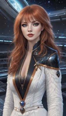 1girl,solo,long hair,breasts,looking at viewer,blue eyes,large breasts,brown hair,cleavage,jewelry,medium breasts,green eyes,upper body,earrings,orange hair,lips,coat,grey eyes,makeup,lipstick,star (sky),science fiction,realistic,white coat,red lips,space,planet,earth (planet),bangs,long sleeves,dress,red hair,parted lips,necklace,gem,nose