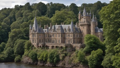 outdoors,sky,day,cloud,water,tree,no humans,building,nature,scenery,forest,bridge,river,castle,tower,landscape,blue sky,cloudy sky,fantasy