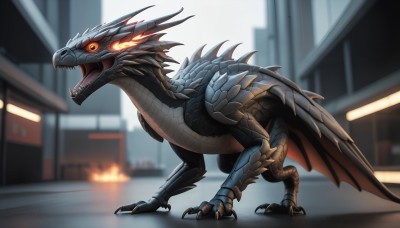 HQ,solo,open mouth,standing,tail,full body,yellow eyes,outdoors,wings,teeth,blurry,orange eyes,pokemon (creature),no humans,blurry background,glowing,fangs,fire,sharp teeth,building,glowing eyes,claws,monster,city,dragon,scales,kaijuu,colored sclera