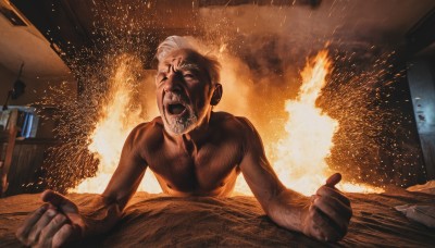 solo,open mouth,1boy,white hair,grey hair,male focus,teeth,indoors,facial hair,parody,table,fire,beard,realistic,mustache,bald,explosion,old,old man,burning,nude,bed,night,meme,manly,chest hair,destruction,wrinkled skin