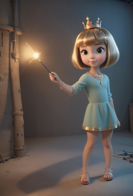 1girl,solo,looking at viewer,smile,short hair,bangs,blonde hair,brown hair,dress,holding,brown eyes,jewelry,standing,full body,blunt bangs,necklace,bracelet,lips,night,blue dress,shadow,sandals,tiara,crown,child,female child,fireworks,alley,sparkler,closed mouth,short sleeves,artist name,signature,black eyes,flat chest,watermark,short dress,bob cut,web address,wand,pigeon-toed,aqua dress