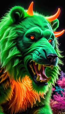 solo,looking at viewer,open mouth,red eyes,horns,teeth,tongue,tongue out,orange eyes,no humans,fangs,sharp teeth,black background,colored sclera,artist name,tree,animal,watermark,cherry blossoms,web address,realistic,tusks,lion