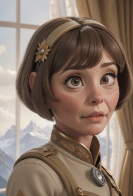 1girl,solo,looking at viewer,short hair,bangs,brown hair,hair ornament,brown eyes,upper body,flower,hairband,parted lips,day,artist name,indoors,hair flower,blurry,uniform,lips,military,window,military uniform,blurry background,bob cut,curtains,portrait,freckles,realistic,nose,brown hairband,jacket,sky,teeth,cloud,eyelashes,epaulettes,mountain