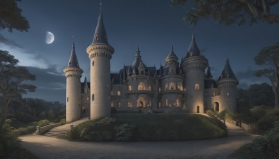 outdoors,sky,cloud,tree,no humans,night,moon,grass,building,nature,night sky,scenery,full moon,forest,road,bush,castle,tower,path,cloudy sky,stairs,fantasy,bridge,moonlight