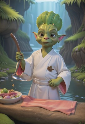 solo,looking at viewer,smile,1boy,holding,brown eyes,jewelry,closed mouth,standing,male focus,outdoors,food,japanese clothes,green hair,day,pointy ears,water,blurry,black eyes,tree,blurry background,colored skin,nature,robe,male child,green skin,mushroom,cooking,ladle,waterfall,lily pad,white robe,holding ladle,bathrobe,hair ornament,long sleeves,artist name,wide sleeves,sash,fruit,leaf,watermark,furry,bowl,spoon,holding spoon,holding bowl,moss