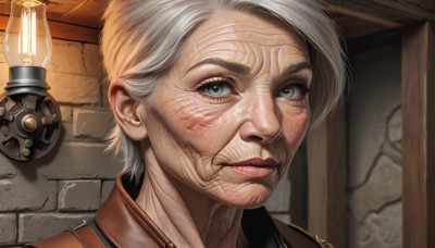 1girl,solo,looking at viewer,short hair,blue eyes,closed mouth,green eyes,white hair,grey hair,parted lips,indoors,lips,grey eyes,scar,portrait,scar on face,lantern,realistic,nose,wall,old,old man,old woman,wrinkled skin,1boy,male focus,artist name,signature,eyelashes,tattoo,facial hair,beard,brick wall,stone wall