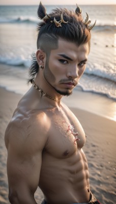 solo,looking at viewer,short hair,black hair,1boy,navel,jewelry,closed mouth,nipples,upper body,male focus,earrings,outdoors,horns,day,dark skin,water,necklace,stomach,blurry,black eyes,from side,tattoo,muscular,blurry background,facial hair,ocean,scar,beach,piercing,abs,thick eyebrows,pectorals,muscular male,bara,beard,large pectorals,topless male,sideburns,mature male,realistic,mustache,sand,chest hair,male swimwear,navel hair,dark-skinned male,ear piercing,scar on face,nipple piercing,manly,undercut,chest tattoo