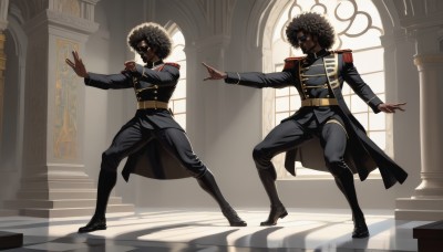 brown hair,black hair,long sleeves,male focus,boots,multiple boys,belt,pants,indoors,dark skin,2boys,black footwear,uniform,military,military uniform,facial hair,siblings,dark-skinned male,epaulettes,curly hair,dancing,very dark skin,dreadlocks,afro,smile,standing,jacket,full body,black pants,sunglasses,fighting stance,pillar,reflective floor