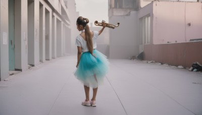 1girl,solo,long hair,skirt,brown hair,shirt,black hair,holding,jewelry,standing,full body,white shirt,ponytail,short sleeves,outdoors,shoes,indoors,dark skin,hair bun,from behind,dark-skinned female,blue skirt,see-through,white footwear,building,sneakers,instrument,facing away,holding instrument,violin,trumpet,underwear,bracelet,window,door,music,playing instrument