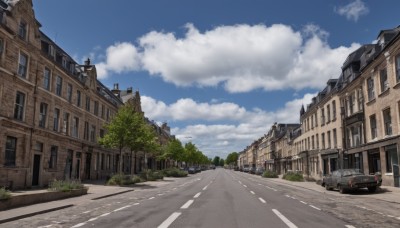 outdoors,sky,day,cloud,tree,blue sky,no humans,window,cloudy sky,ground vehicle,building,scenery,motor vehicle,city,car,road,house,lamppost,street,crosswalk,shadow,real world location,vanishing point