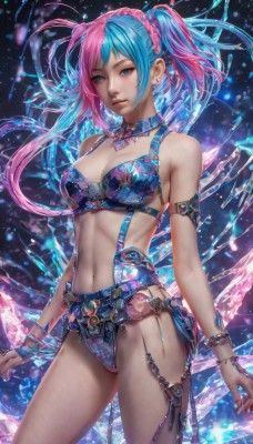 1girl,solo,long hair,breasts,looking at viewer,bangs,blue eyes,navel,cleavage,bare shoulders,twintails,jewelry,medium breasts,underwear,blue hair,standing,panties,swimsuit,pink hair,braid,bikini,multicolored hair,cowboy shot,earrings,midriff,stomach,nail polish,bra,collar,bracelet,two-tone hair,lips,piercing,lingerie,gem,armlet,realistic,nose,hair ornament,closed mouth,choker,belt,artist name,signature,necklace,detached collar,watermark,scrunchie,ear piercing,web address,blue bikini,hair scrunchie,arms at sides,navel piercing