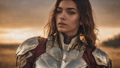 1girl,solo,long hair,looking at viewer,brown hair,brown eyes,upper body,outdoors,parted lips,sky,cloud,dark skin,armor,blurry,dark-skinned female,lips,looking to the side,blurry background,wavy hair,shoulder armor,portrait,pauldrons,breastplate,realistic,nose,chainmail,black hair,jewelry,earrings,thick eyebrows,sunset