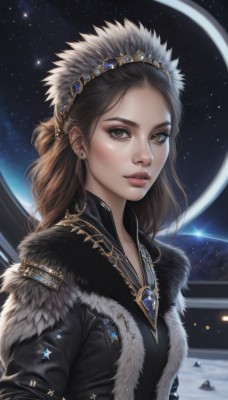 1girl,solo,long hair,looking at viewer,brown hair,hair ornament,brown eyes,jewelry,jacket,upper body,earrings,parted lips,sky,signature,necklace,lips,black jacket,fur trim,eyelashes,night,tiara,crown,gem,star (sky),starry sky,freckles,realistic,nose,space,black hair,artist name,makeup,stud earrings,planet