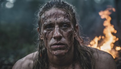 solo,long hair,looking at viewer,blue eyes,black hair,1boy,closed mouth,male focus,blurry,lips,depth of field,blurry background,fire,messy hair,portrait,realistic,wet hair,blonde hair,jewelry,outdoors,necklace,night,moon