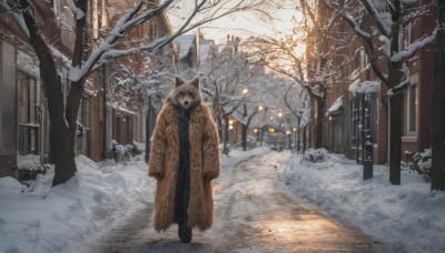 outdoors, tree, coat, no humans, animal, building, scenery, snow, walking, road, house, winter, lamppost, bare tree