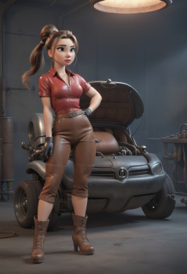 1girl,solo,long hair,breasts,brown hair,shirt,gloves,cleavage,brown eyes,medium breasts,standing,full body,ponytail,weapon,short sleeves,boots,parted lips,black gloves,belt,pants,signature,high heels,lips,hand on hip,gun,looking to the side,makeup,brown footwear,lipstick,ground vehicle,red shirt,motor vehicle,zipper,high heel boots,ankle boots,brown pants,motorcycle,tire,blue eyes,artist name,realistic,car,lamp,leather