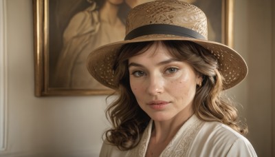 1girl,solo,long hair,looking at viewer,smile,brown hair,shirt,hat,brown eyes,jewelry,closed mouth,white shirt,upper body,earrings,indoors,mole,lips,portrait,freckles,realistic,nose,brown headwear,straw hat,painting (object),mole on cheek,bangs,blurry,eyelashes,light smile,portrait (object)