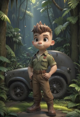 solo,looking at viewer,smile,short hair,brown hair,shirt,1boy,brown eyes,closed mouth,standing,full body,weapon,male focus,boots,outdoors,belt,pants,artist name,uniform,tree,gun,military,brown footwear,sunlight,thick eyebrows,grass,plant,spiked hair,ground vehicle,child,nature,motor vehicle,forest,green shirt,car,male child,brown pants,holding,jacket,short sleeves,military uniform,leaf,green jacket,leather,leather jacket,tire