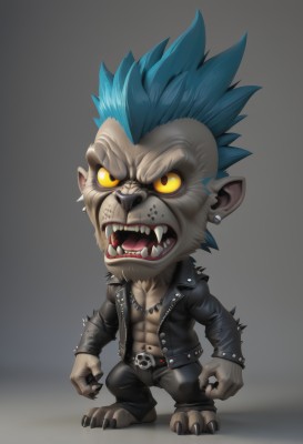 solo,looking at viewer,open mouth,simple background,1boy,jewelry,blue hair,standing,jacket,full body,yellow eyes,male focus,earrings,open clothes,teeth,pointy ears,belt,pants,grey background,necklace,chibi,bracelet,open jacket,black jacket,muscular,fangs,scar,black pants,piercing,abs,pectorals,sharp teeth,spiked hair,ear piercing,furry,spikes,colored sclera,skull,furry male,leather,spiked bracelet,leather jacket,no shirt,leather pants,short hair,long sleeves,multicolored hair,artist name,signature,no humans,colored skin,angry,claws,zipper,realistic,grey skin,yellow sclera,mohawk,studded bracelet