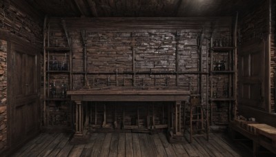 indoors,book,no humans,window,chair,table,sunlight,bottle,scenery,wooden floor,stairs,fantasy,door,bookshelf,shelf,barrel,wooden table,crate,wood,wooden chair,cup,alcohol,brick wall,stool,bar (place),cabinet,chandelier,fireplace