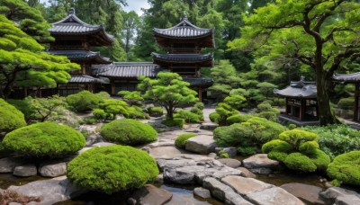 outdoors,sky,day,tree,no humans,grass,building,nature,scenery,forest,rock,bush,architecture,east asian architecture,shrine,path,stone,stone lantern,cloud,water,traditional media,plant,river,pond