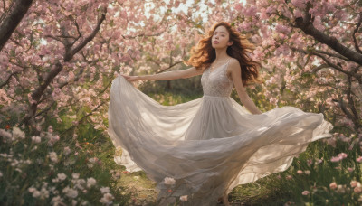 1girl, solo, long hair, brown hair, dress, standing, closed eyes, flower, outdoors, sleeveless, day, white dress, blurry, tree, lips, see-through, sleeveless dress, grass, cherry blossoms, nature, realistic, skirt hold