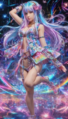 1girl,solo,long hair,breasts,looking at viewer,blue eyes,hair ornament,navel,cleavage,brown eyes,jewelry,medium breasts,blue hair,standing,swimsuit,pink hair,purple hair,flower,bikini,multicolored hair,hairband,earrings,hair flower,water,necklace,arm up,high heels,bracelet,lips,gradient hair,armlet,realistic,anklet,bare shoulders,watermark,leg up,sandals,standing on one leg,colorful