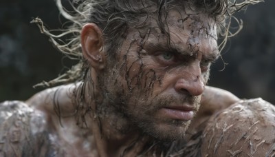 solo,1boy,closed mouth,green eyes,white hair,grey hair,male focus,blurry,blurry background,facial hair,portrait,beard,realistic,mustache,old,old man,black hair,lips,looking to the side,scar,looking away,messy hair,close-up,veins,serious,manly