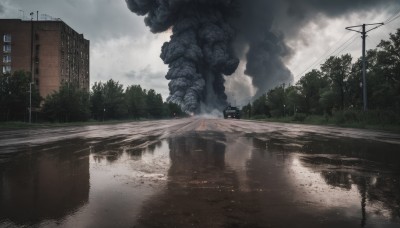 outdoors,sky,day,cloud,water,tree,no humans,cloudy sky,ground vehicle,building,scenery,motor vehicle,smoke,reflection,rain,monster,city,car,road,bush,house,power lines,lamppost,street,utility pole,puddle,fog,grey sky,window,fire,burning,kaijuu