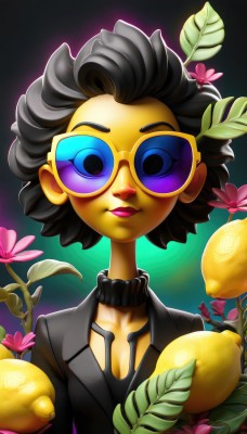 1girl,solo,looking at viewer,smile,short hair,blue eyes,black hair,jacket,upper body,flower,food,glasses,choker,lips,makeup,fruit,colored skin,leaf,formal,sunglasses,suit,lipstick,tinted eyewear,lemon,yellow skin,black jacket,gradient,gradient background,watermark,curly hair