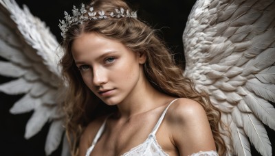 1girl,solo,long hair,looking at viewer,blue eyes,blonde hair,simple background,brown hair,dress,bare shoulders,collarbone,upper body,wings,white dress,lips,tiara,feathers,crown,black background,feathered wings,freckles,angel wings,realistic,white wings,angel