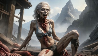 HQ,1girl,solo,breasts,short hair,open mouth,navel,cleavage,medium breasts,sitting,underwear,panties,swimsuit,white hair,grey hair,bikini,boots,outdoors,sky,shorts,teeth,day,spread legs,lips,blood,tattoo,front-tie top,monster,injury,mountain,realistic,horror (theme),guro,blue eyes,blonde hair,red eyes,jewelry,collarbone,yellow eyes,artist name,cloud,necklace,makeup,fangs,white bikini,lipstick,tentacles,knee up,toned,blood on face,dirty