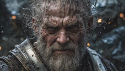 solo,looking at viewer,blue eyes,1boy,closed mouth,upper body,white hair,male focus,armor,blurry,facial hair,scar,portrait,beard,close-up,realistic,mustache,manly,old,old man,wrinkled skin,jewelry,grey hair,earrings,depth of field,blurry background,shoulder armor,scar on face,veins,scar across eye,chainmail