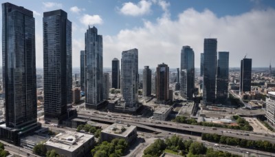 outdoors,sky,day,cloud,tree,blue sky,no humans,cloudy sky,building,scenery,city,road,cityscape,skyscraper,real world location,ground vehicle,motor vehicle,car,ruins,overgrown,skyline