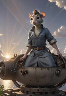 solo,animal ears,standing,tail,outdoors,sky,day,belt,cloud,signature,water,uniform,black eyes,military,no humans,military uniform,buttons,ocean,animal,sunlight,ground vehicle,motor vehicle,furry,sleeves rolled up,mouse ears,sun,military vehicle,mouse tail,tank,mouse,whiskers,sunrise,1girl,looking at viewer,pocket,realistic,furry female