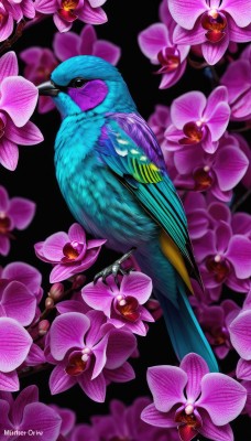 simple background,closed mouth,flower,artist name,blurry,black eyes,from side,no humans,depth of field,bird,animal,watermark,black background,pink flower,realistic,purple flower,branch,animal focus,beak,parrot,full body,leaf,web address