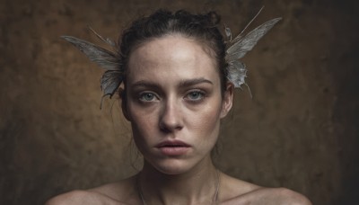 1girl,solo,looking at viewer,short hair,blue eyes,brown hair,black hair,hair ornament,jewelry,closed mouth,collarbone,necklace,lips,grey eyes,bug,portrait,freckles,brown background,realistic,bare shoulders,eyelashes,butterfly,butterfly hair ornament